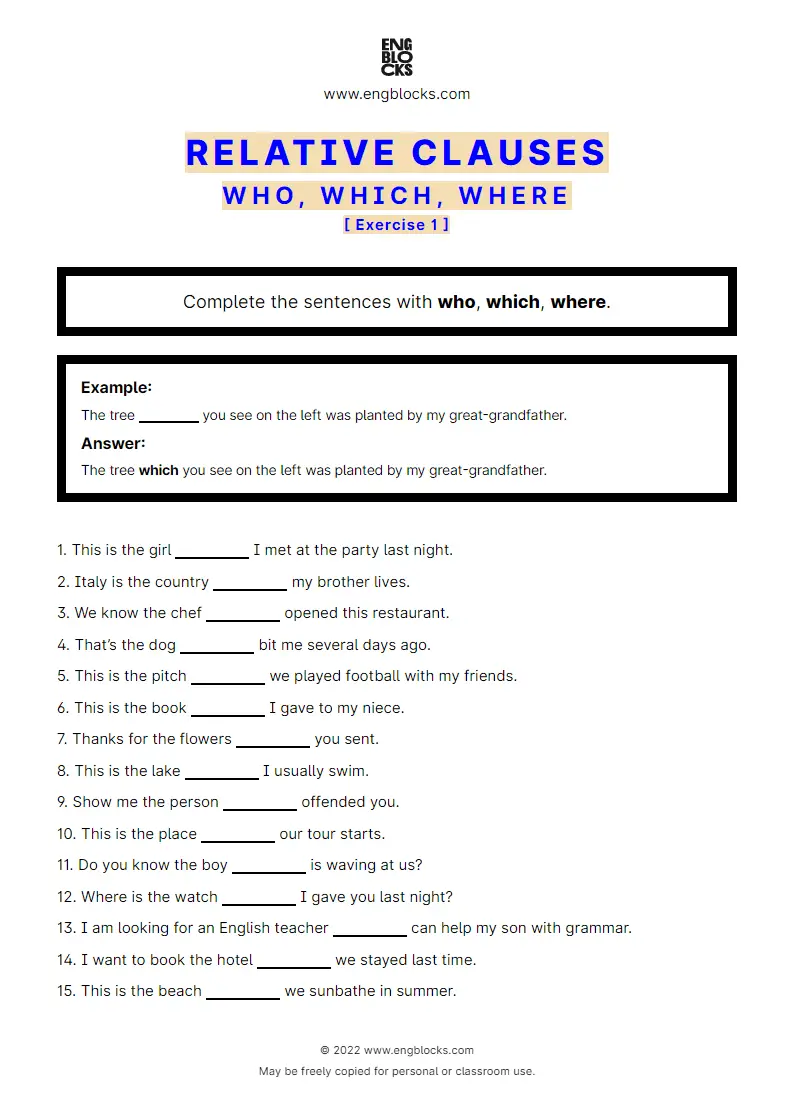 Grammar Worksheet: Relative clauses — who, which, where — Exercise 1