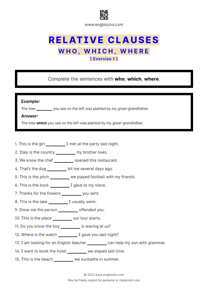 Grammar Worksheet: Relative clauses — who, which, where — Exercise 1