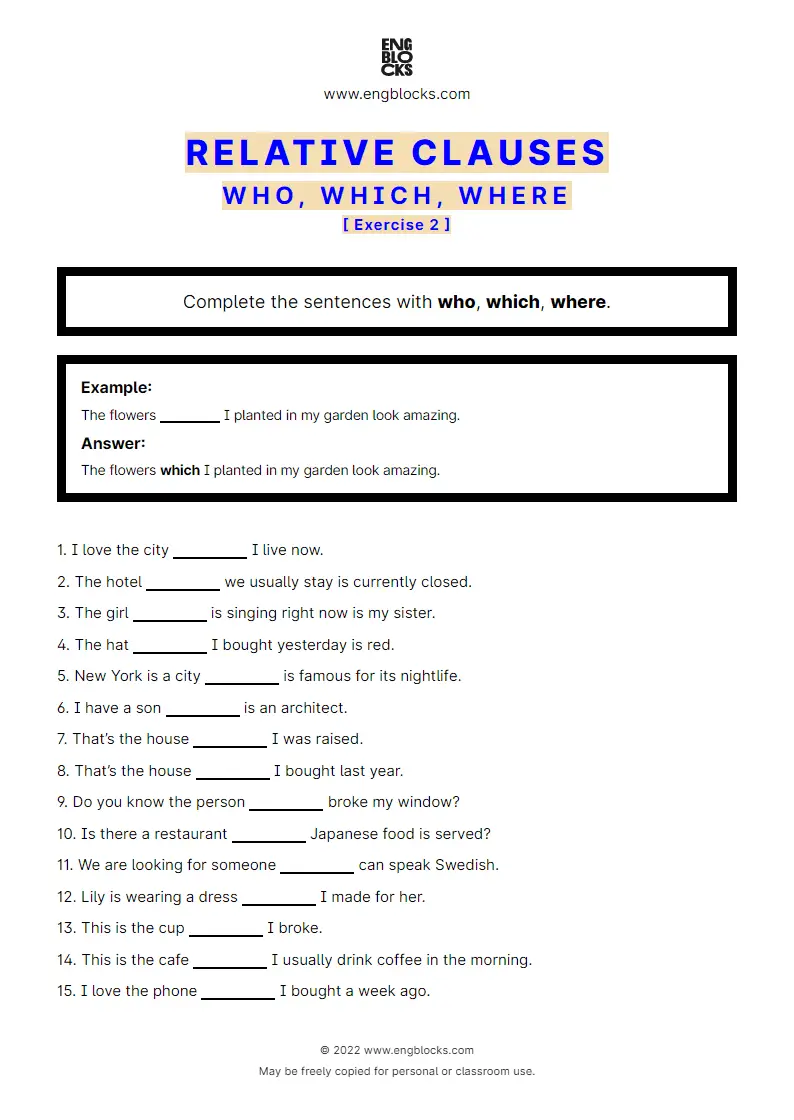 Grammar Worksheet: Relative clauses — who, which, where — Exercise 2