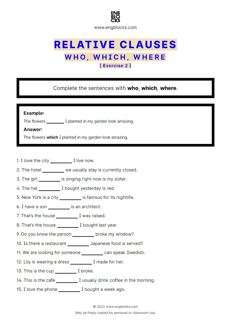 Grammar Worksheet: Relative clauses — who, which, where — Exercise 2