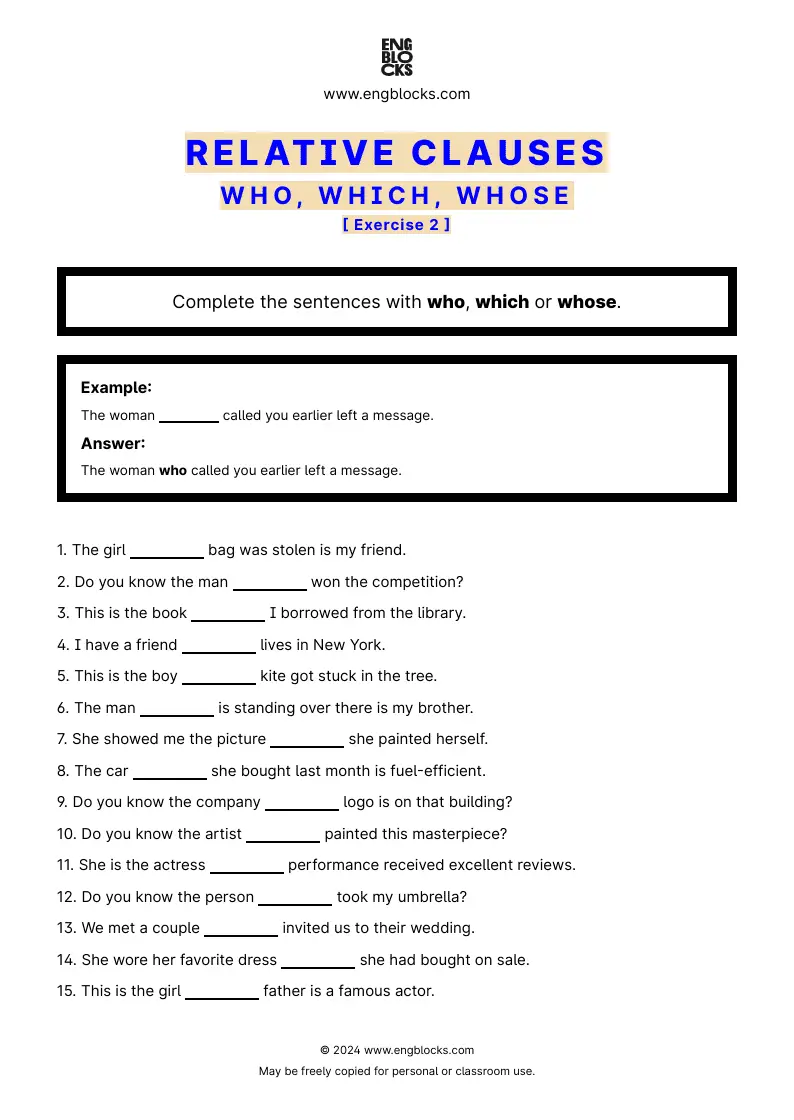 Grammar Worksheet: Relative clauses — who, which, whose — Exercise 2