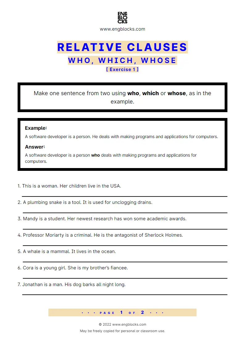 Grammar Worksheet: Relative clauses — who, which, whose