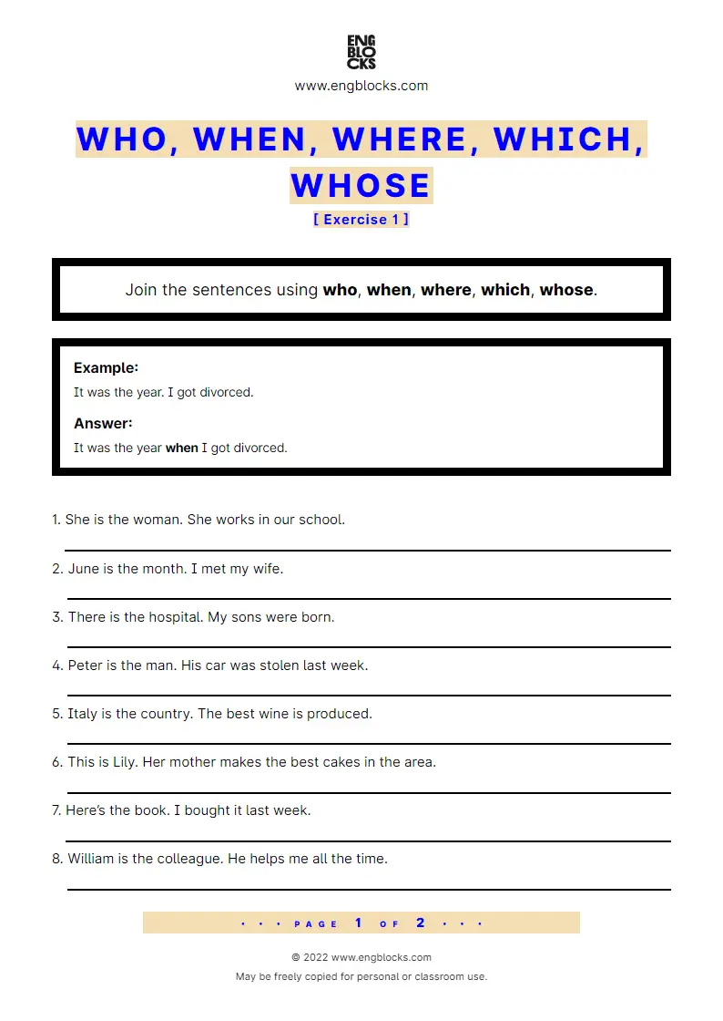 Grammar Worksheet: Who, when, where, which, whose — Exercise 1