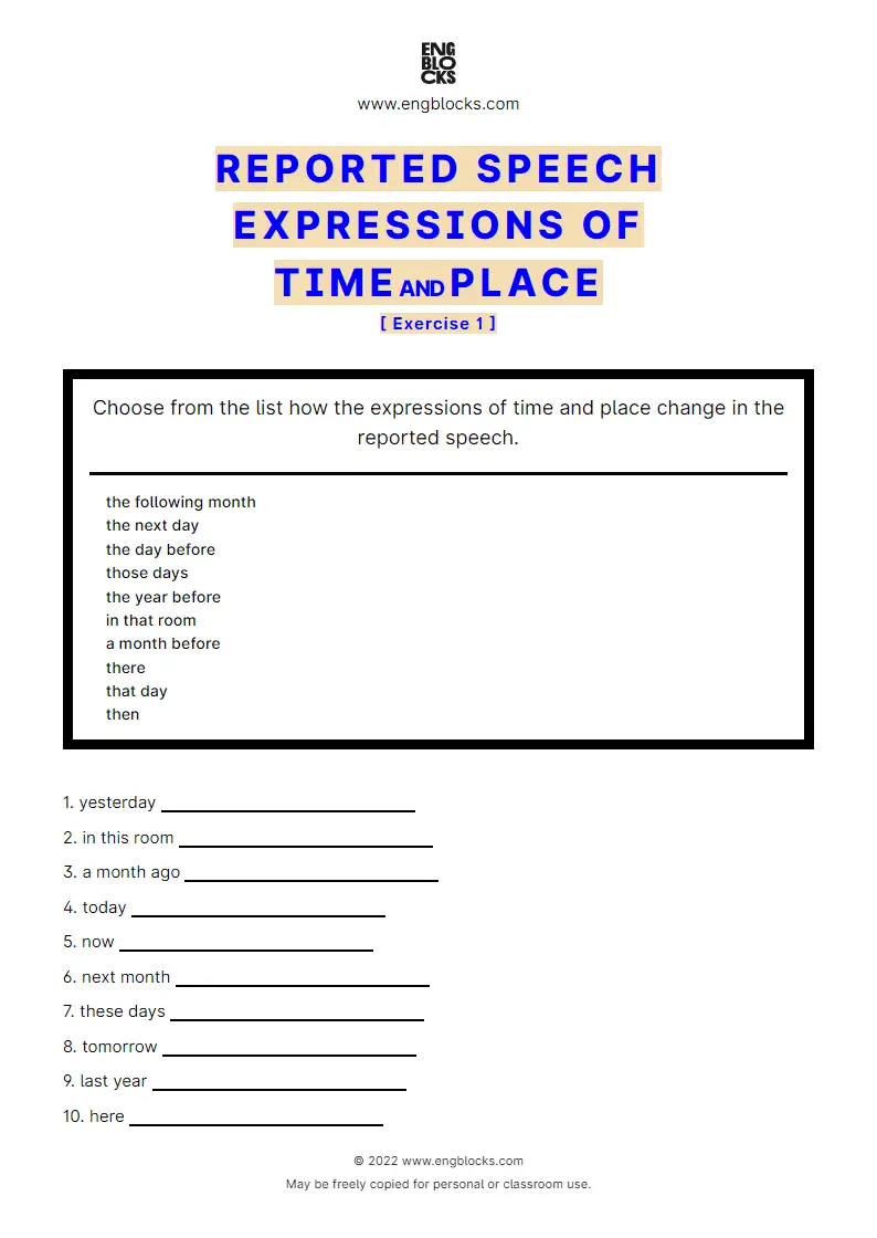 Grammar Worksheet: Expressions of Time and Place — Conversion in Reported speech