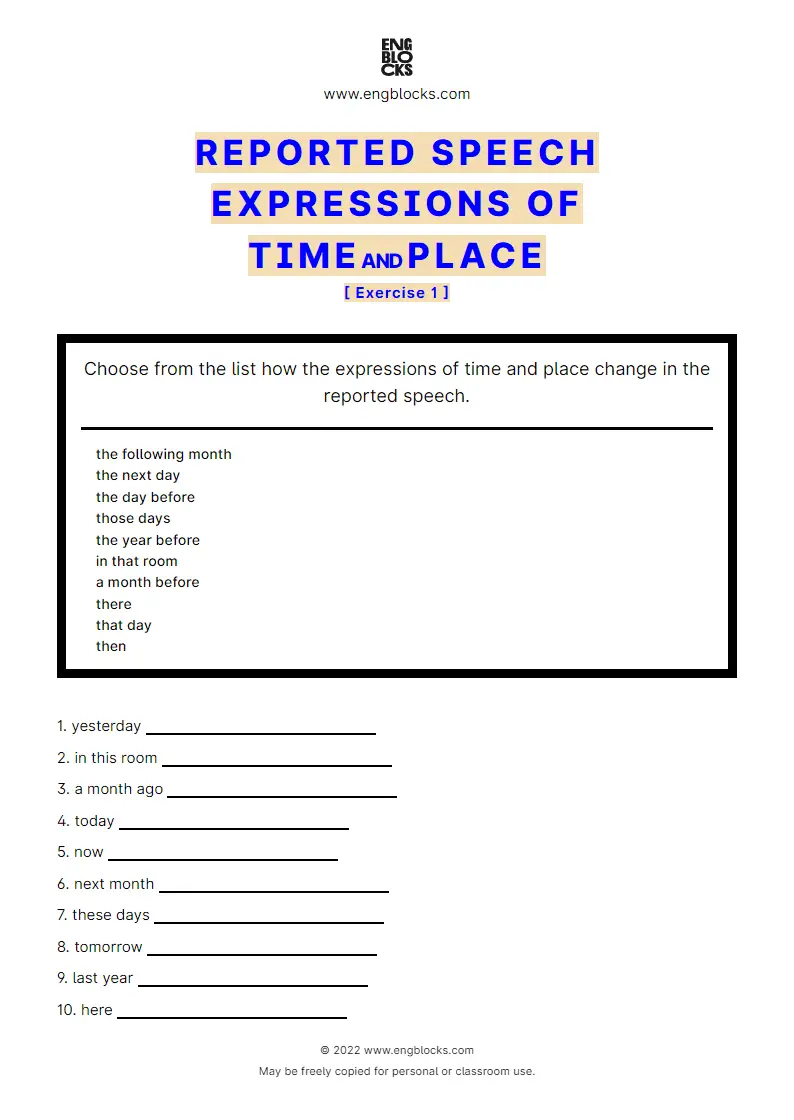 Grammar Worksheet: Expressions of Time and Place — Conversion in Reported speech