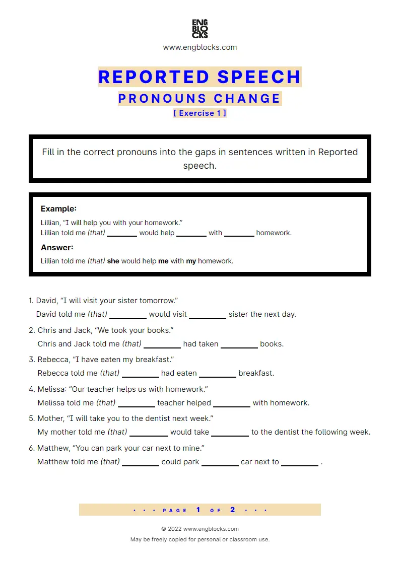 Grammar Worksheet: Pronouns in Reported speech — Exercise 1