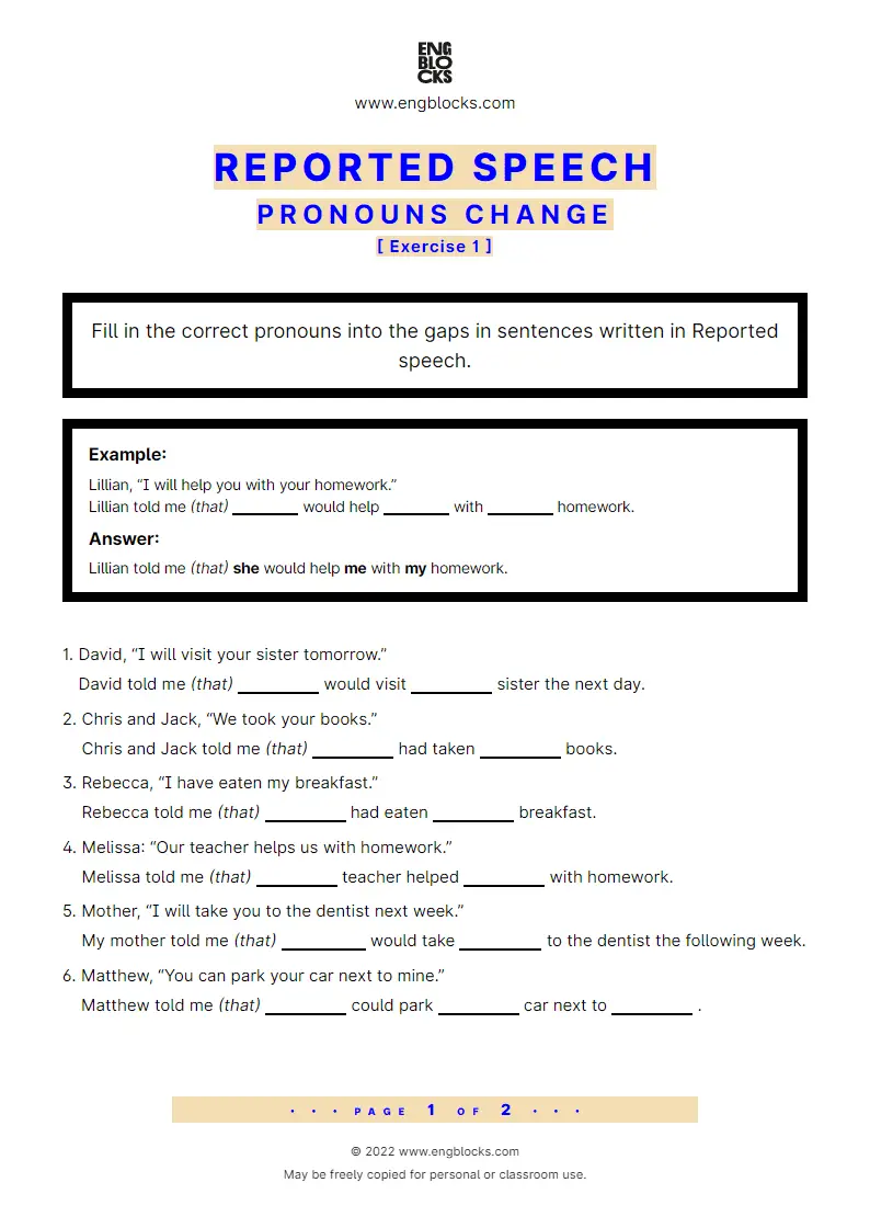 Grammar Worksheet: Pronouns in Reported speech — Exercise 1