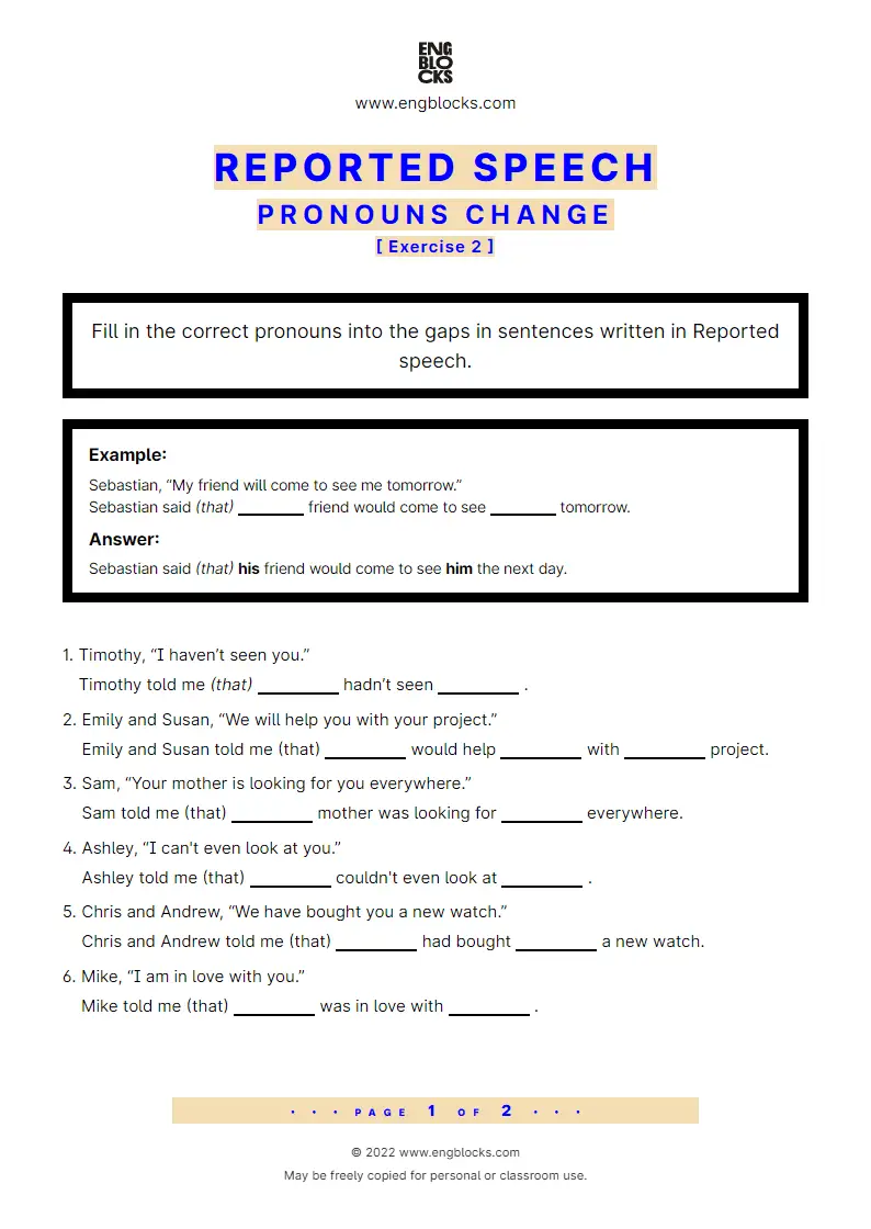 Pronouns In Reported Speech Exercise Worksheet English Grammar 0932