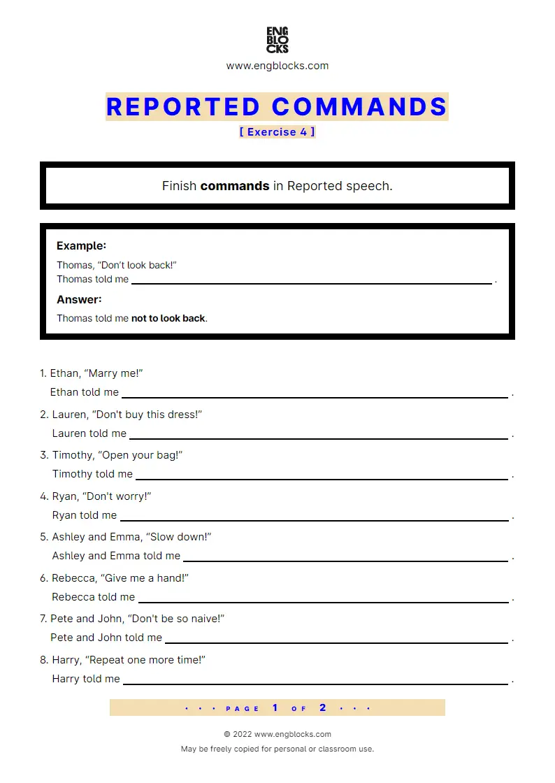 Grammar Worksheet: Reported commands — Mix — Positive and Negative sentences — Exercise 2