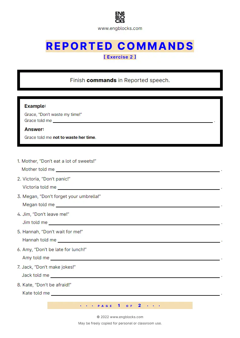 Grammar Worksheet: Reported commands — Negative sentences