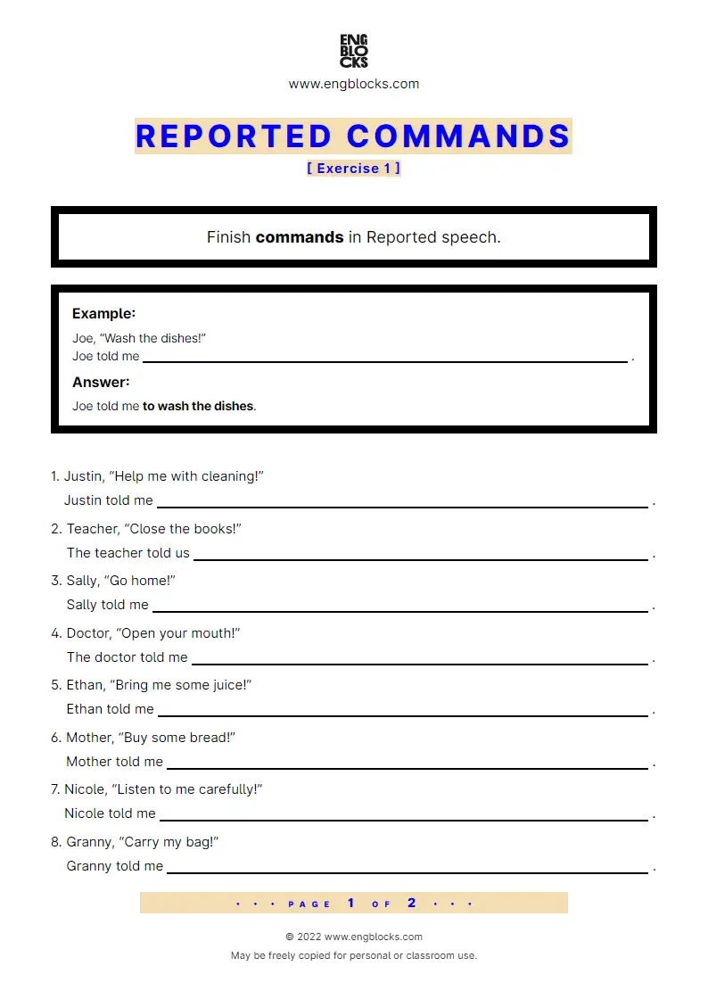 reported speech exercises questions commands