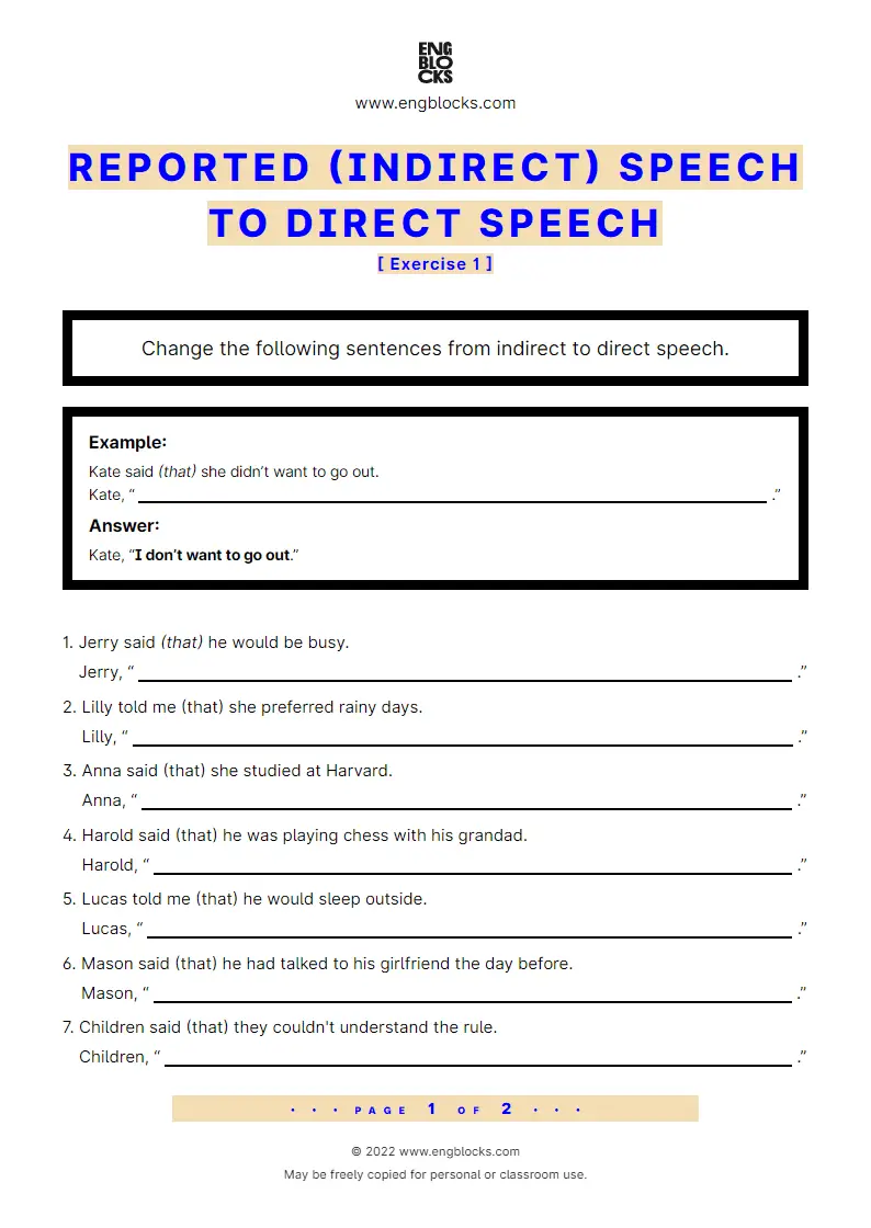 Grammar Worksheet: Reported (indirect) speech to Direct Speech — Exercise 1