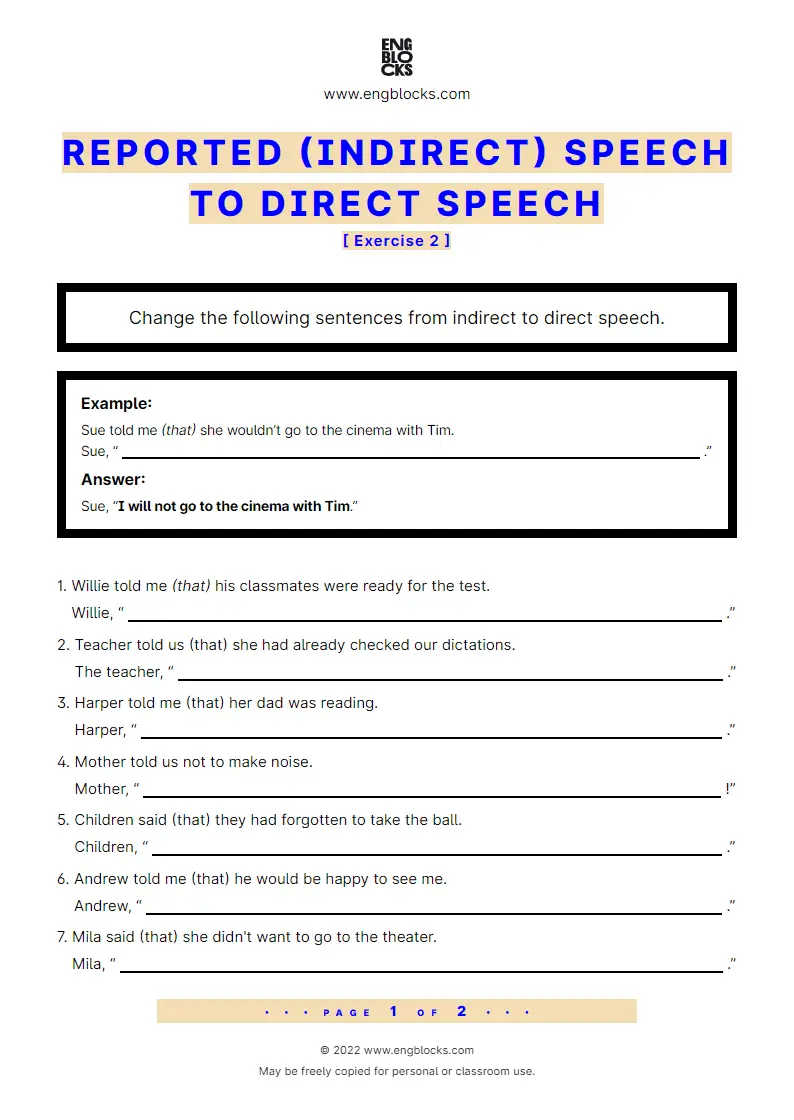 Grammar Worksheet: Reported (indirect) speech to Direct Speech — Exercise 2