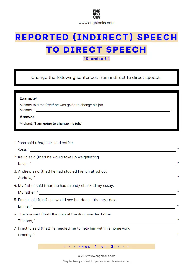 Grammar Worksheet: Reported (indirect) speech to Direct Speech — Exercise 3