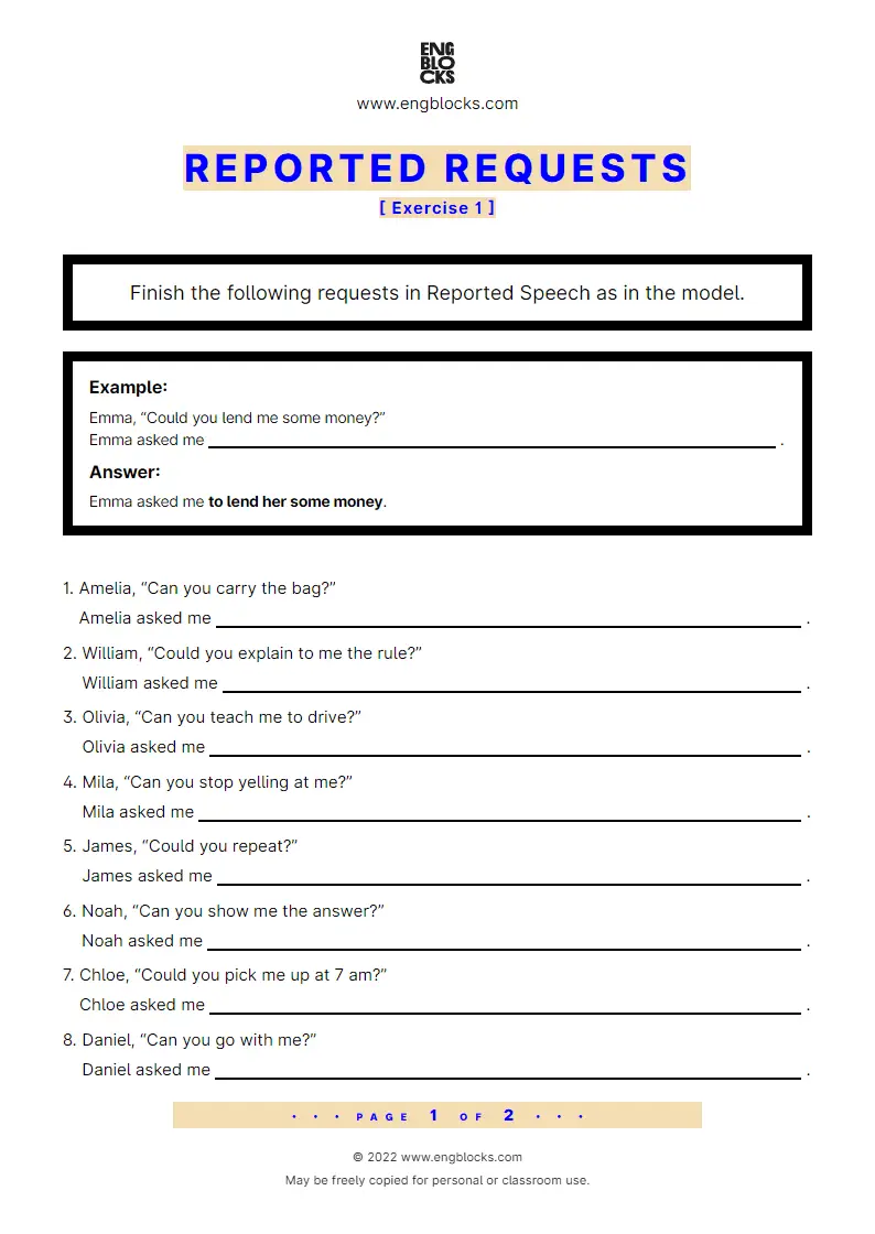 exercise of reported speech with answers pdf