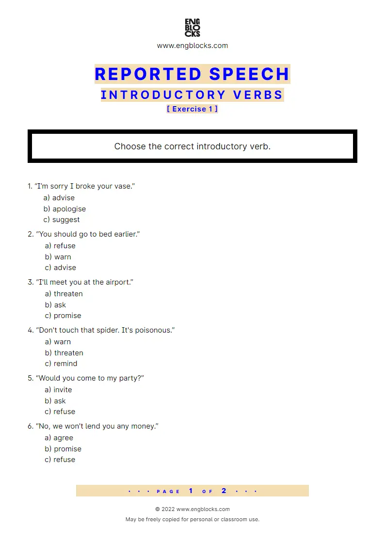 Grammar Worksheet: Reported Speech — Introductory verbs