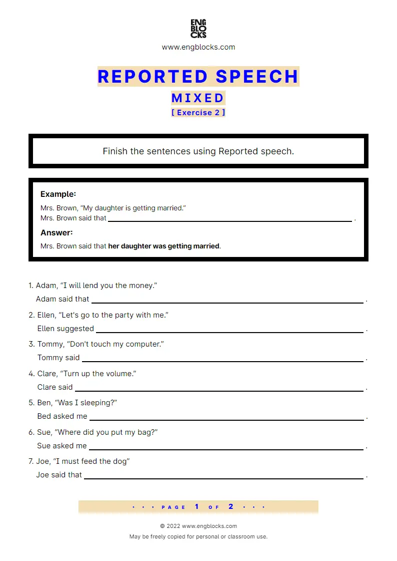 Grammar Worksheet: Reported Speech — Mixed — Exercise 2