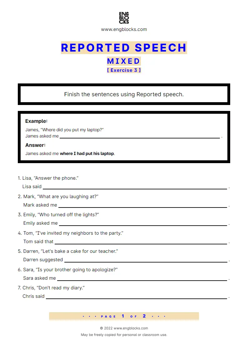 Grammar Worksheet: Reported Speech — Mixed — Exercise 3