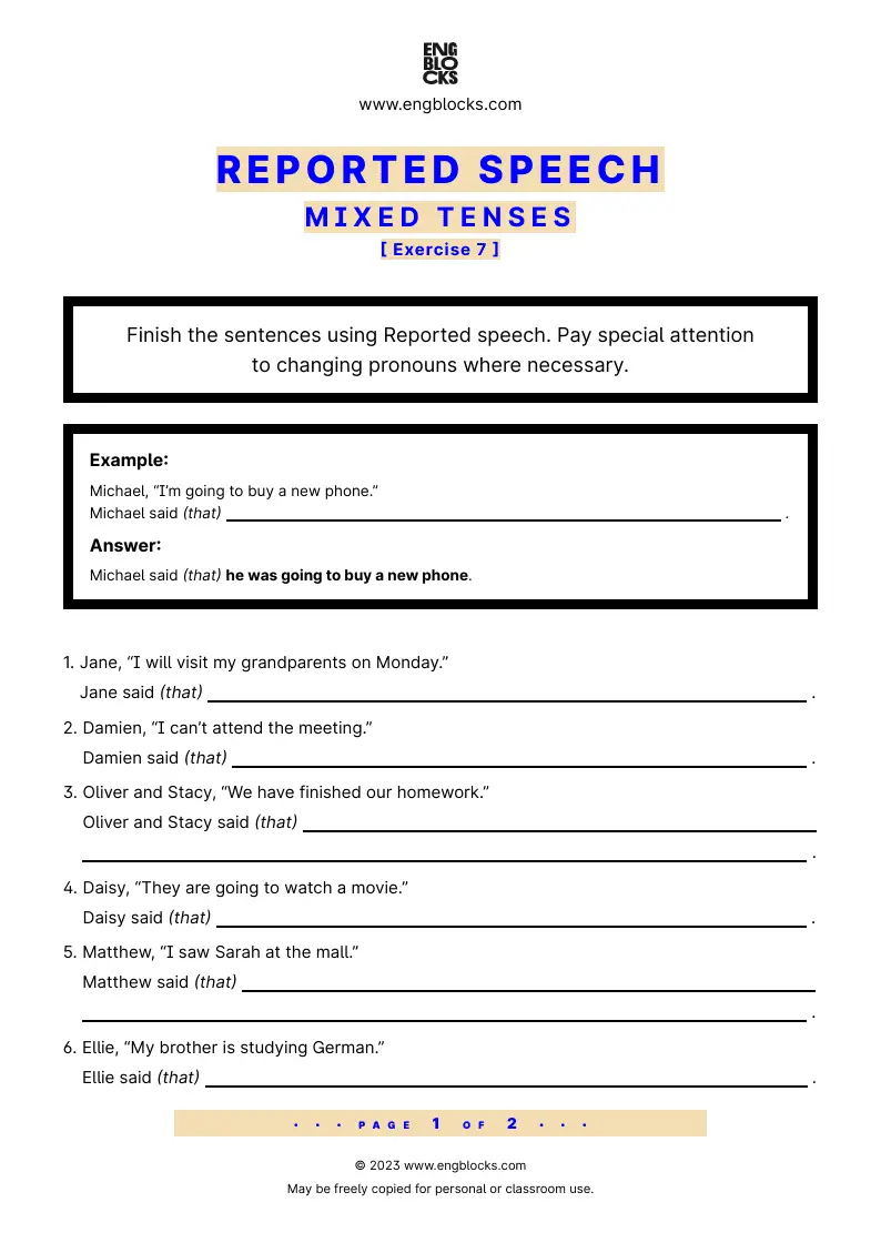 Grammar Worksheet: Reported Speech — Mixed tenses — Exercise 7