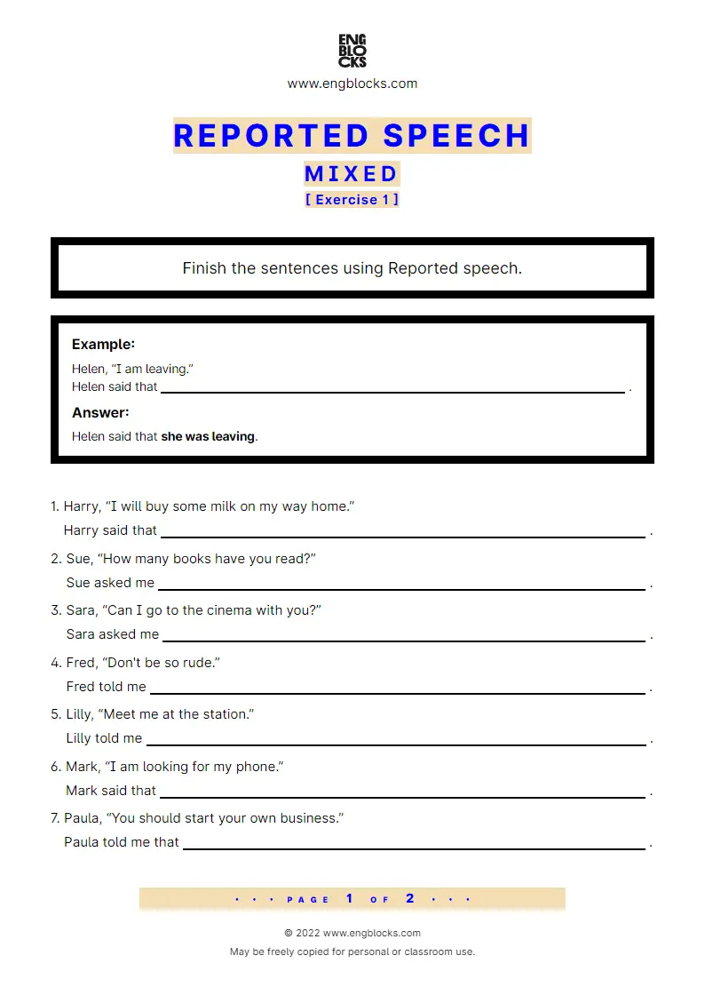 reported speech mixed worksheet