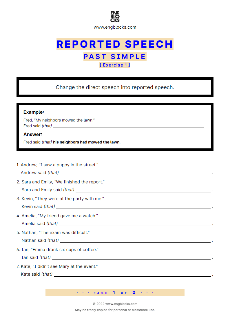 Grammar Worksheet: Reported Speech — Past Simple — Exercise 1