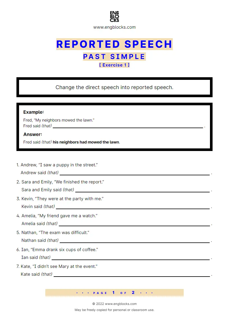 Grammar Worksheet: Reported Speech — Past Simple — Exercise 1