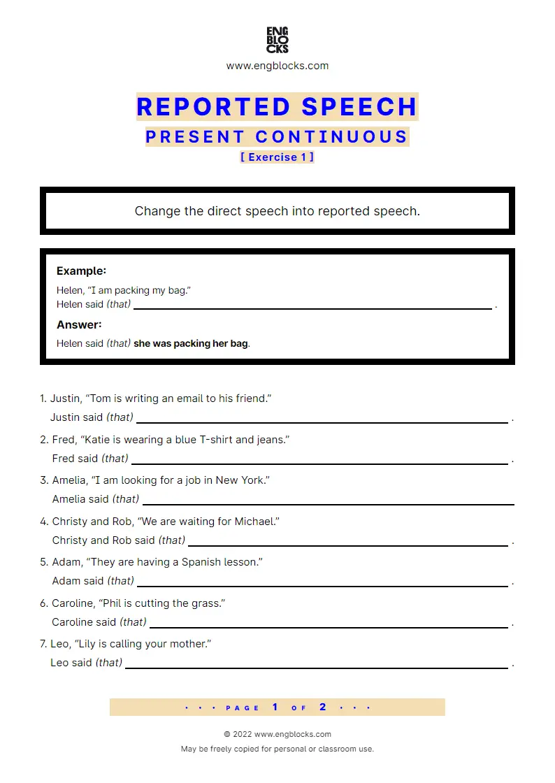 Grammar Worksheet: Reported Speech — Present Continuous — Exercise 1