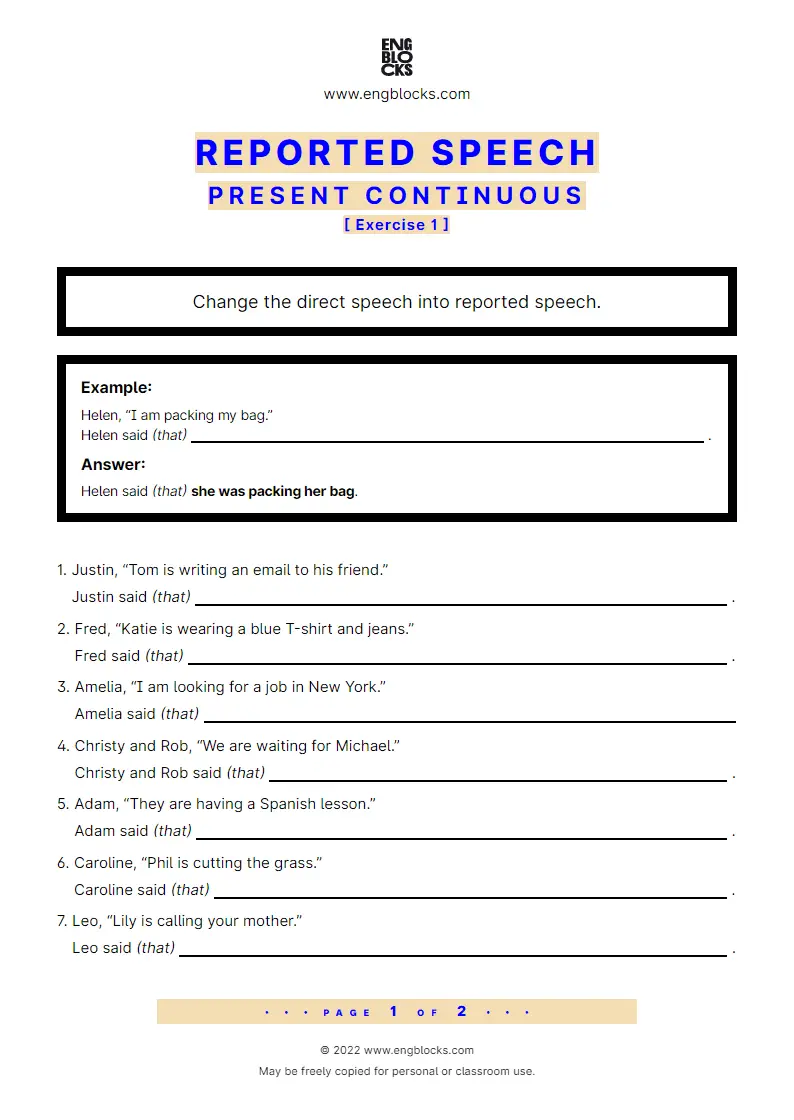 Grammar Worksheet: Reported Speech — Present Continuous — Exercise 1