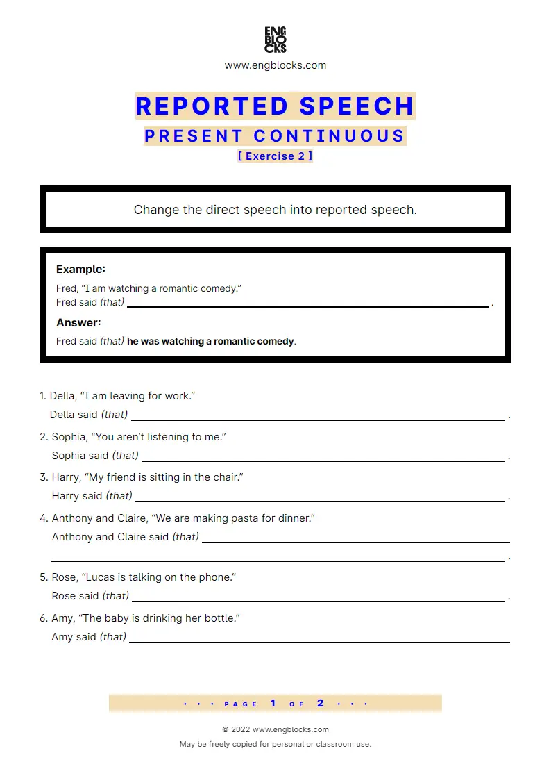 Grammar Worksheet: Reported Speech — Present Continuous — Exercise 2