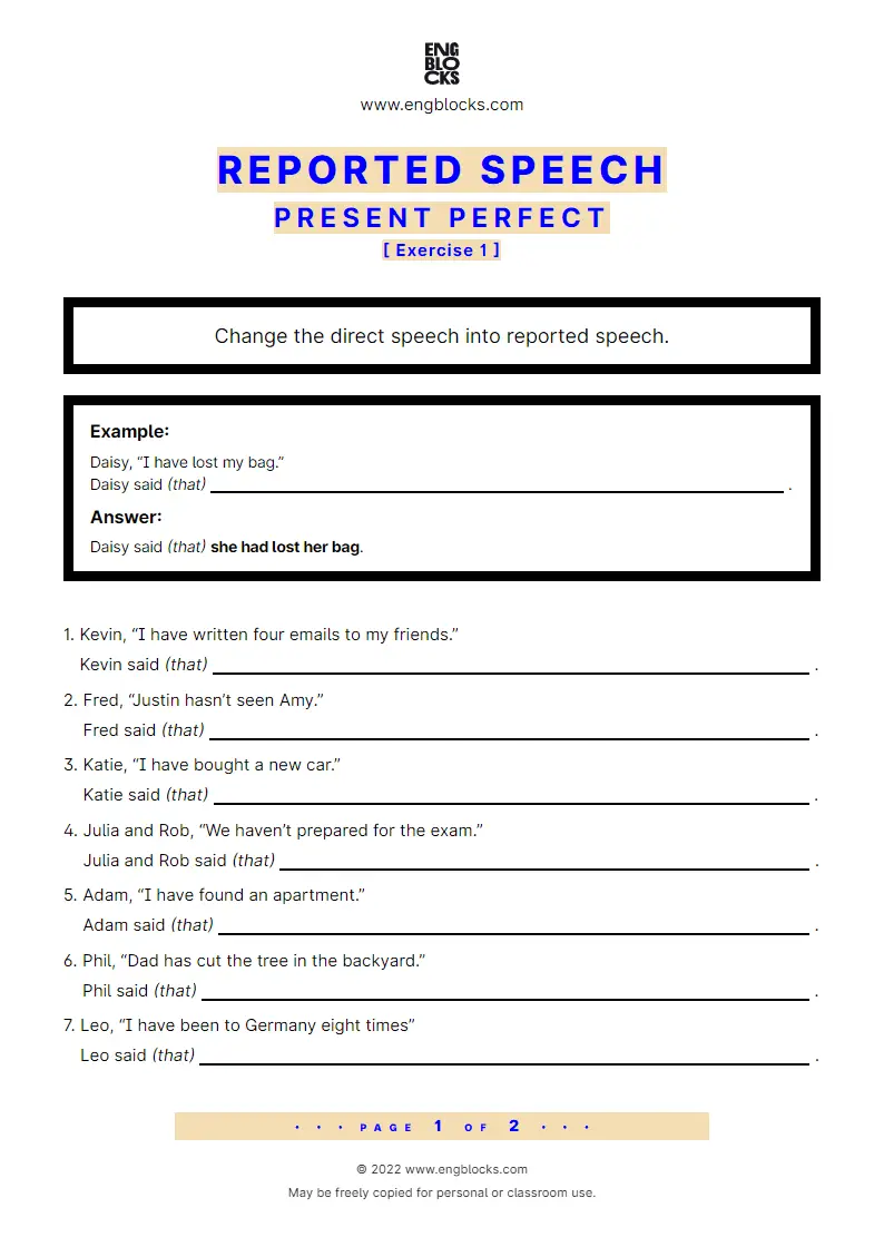 Grammar Worksheet: Reported Speech — Present Perfect — Exercise 1