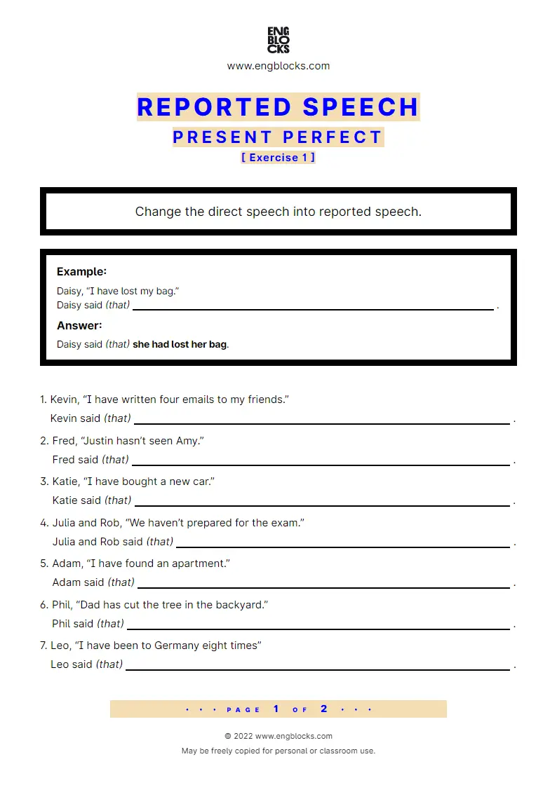 present perfect tense reported speech exercises