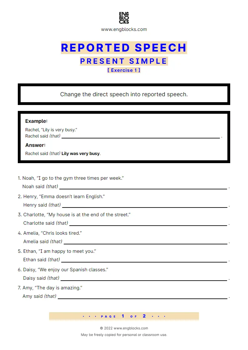 Grammar Worksheet: Reported Speech — Present Simple — Exercise 1