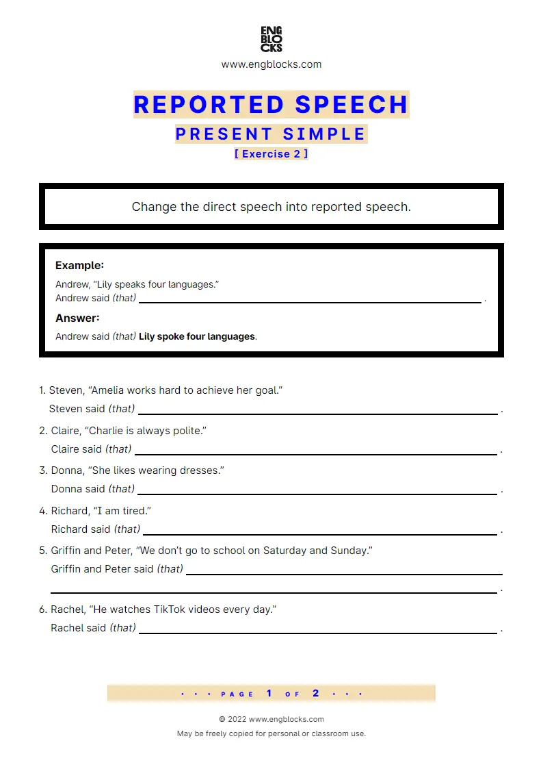 Grammar Worksheet: Reported Speech — Present Simple — Exercise 2