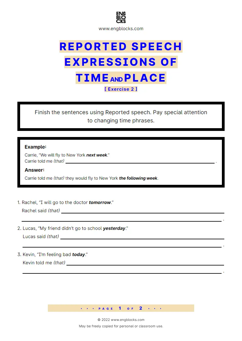 Grammar Worksheet: Reported speech — Time and Place conversion in sentences