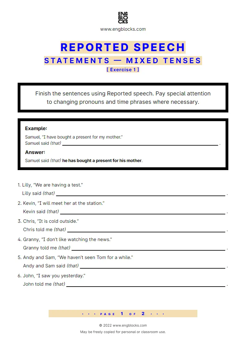 Grammar Worksheet: Reported statements — mixed tenses — Exercise 1