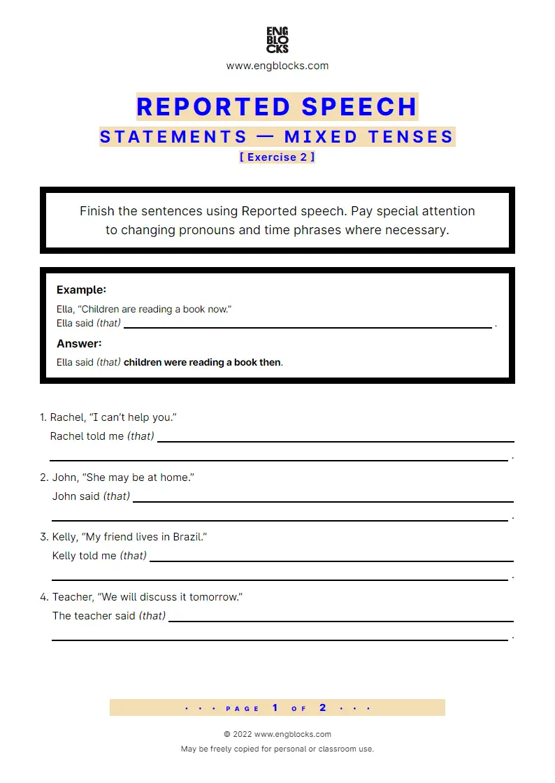 Grammar Worksheet: Reported statements — mixed tenses — Exercise 2