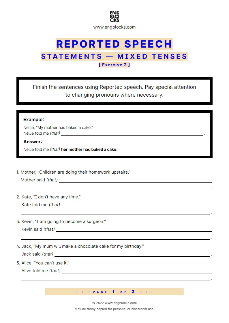Grammar Worksheet: Reported statements — mixed tenses — Exercise 3