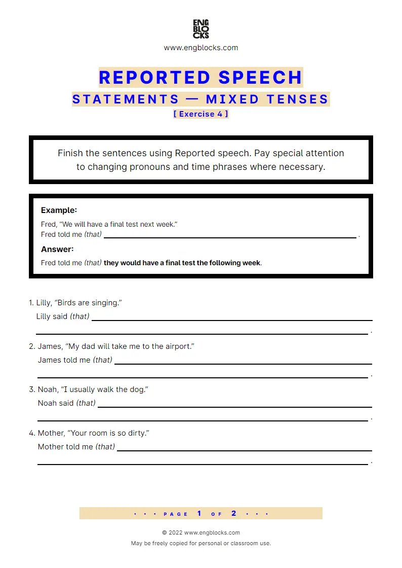 Grammar Worksheet: Reported statements — mixed tenses — Exercise 4