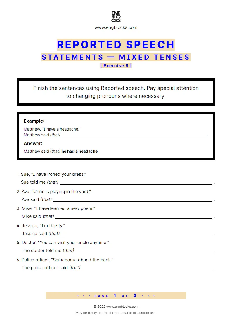 Grammar Worksheet: Reported statements — mixed tenses — Exercise 5