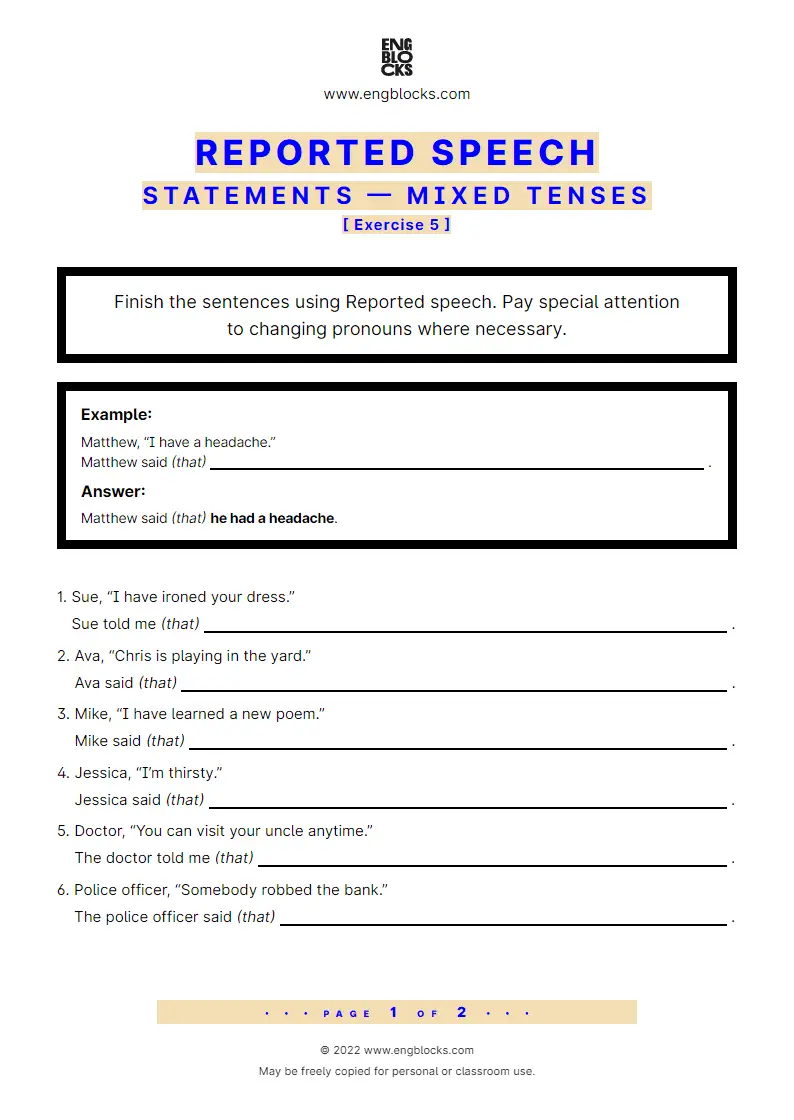 Grammar Worksheet: Reported statements — mixed tenses — Exercise 5