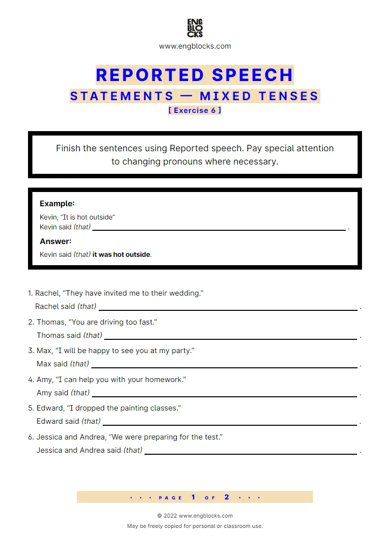 Grammar Worksheet: Reported statements — mixed tenses — Exercise 6