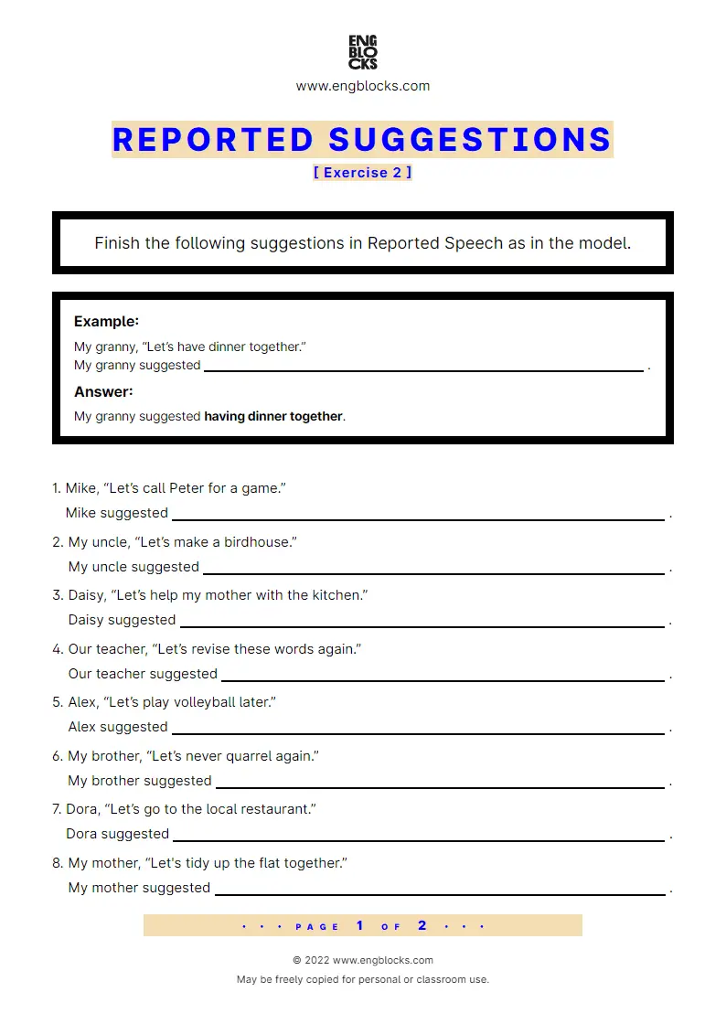 Grammar Worksheet: Reported suggestions — Exercise 2
