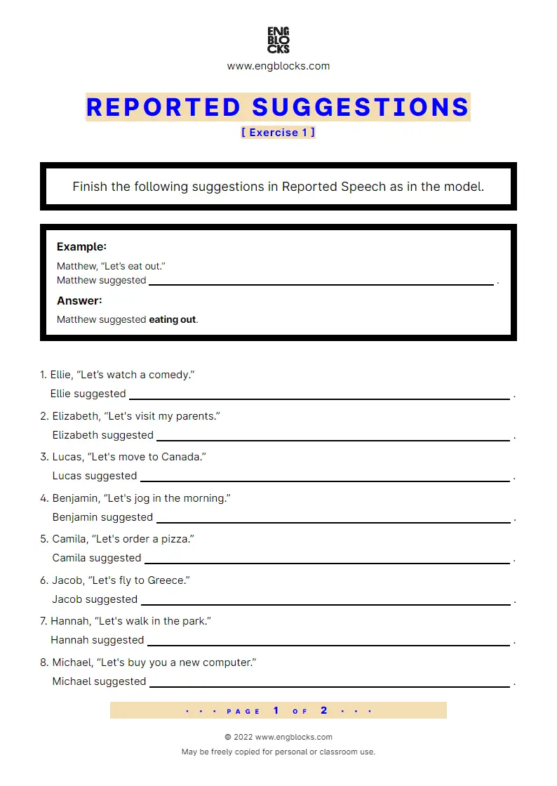 Grammar Worksheet: Reported suggestions