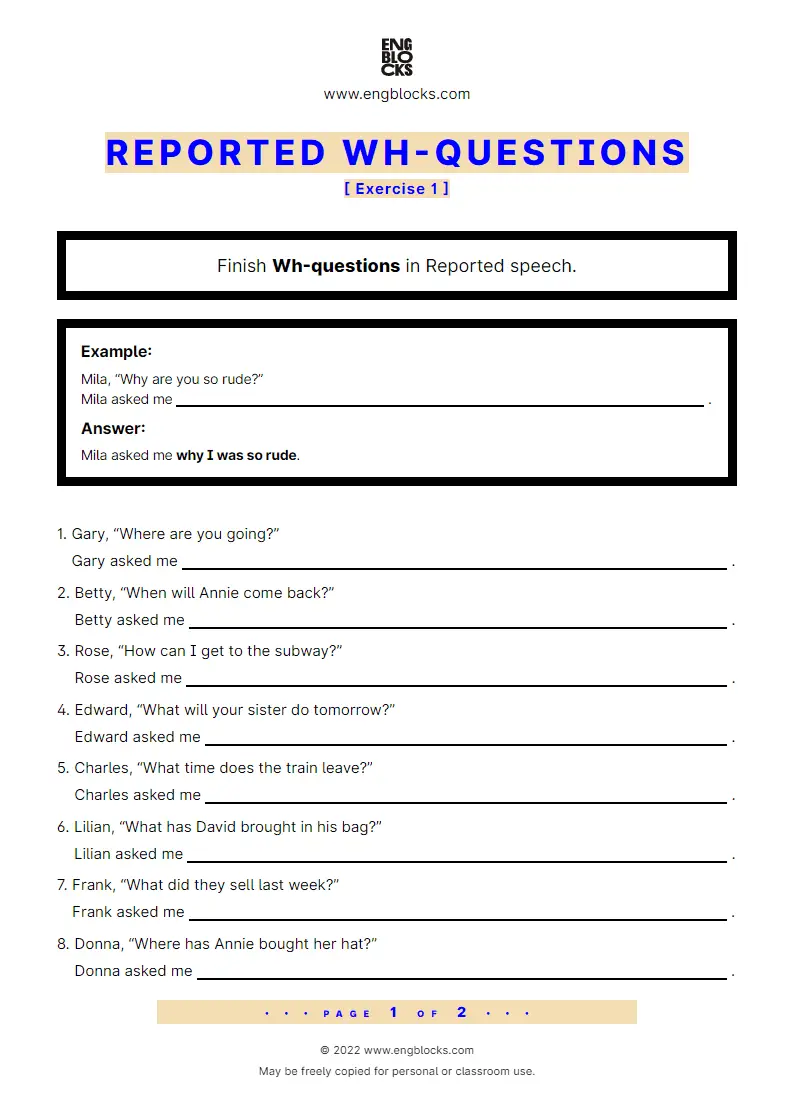 Grammar Worksheet: Reported Wh-questions — Exercise 1