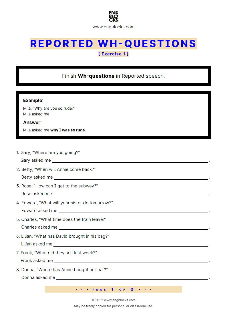 reported speech exercises questions pdf