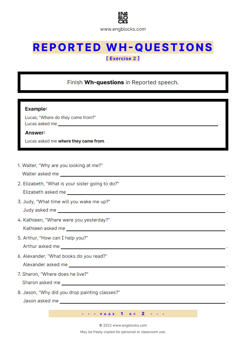Grammar Worksheet: Reported Wh-questions — Exercise 2