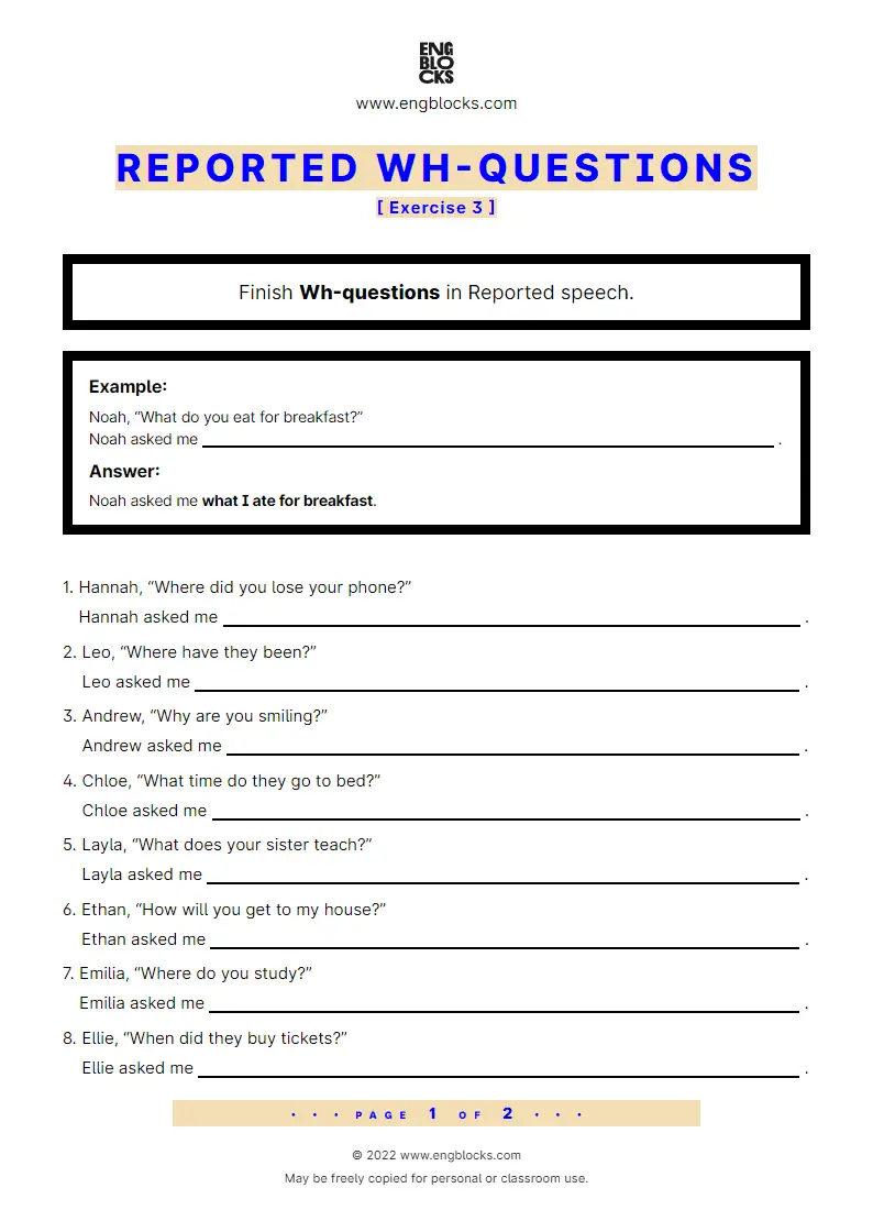 Grammar Worksheet: Reported Wh-questions — Exercise 3