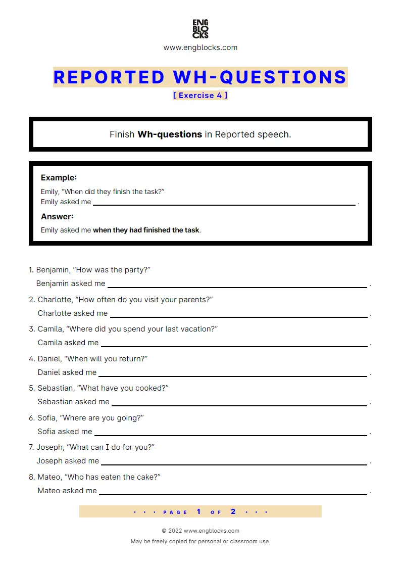 Grammar Worksheet: Reported Wh-questions — Exercise 4