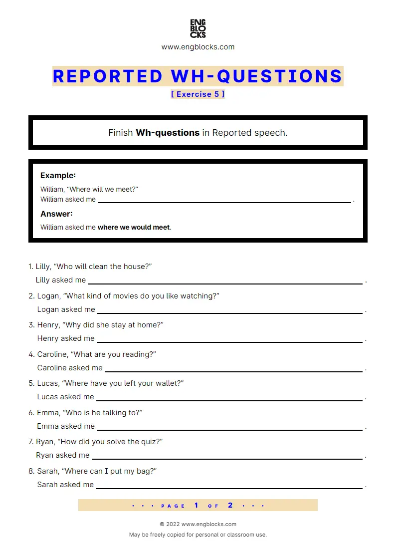 Grammar Worksheet: Reported Wh-questions — Exercise 5