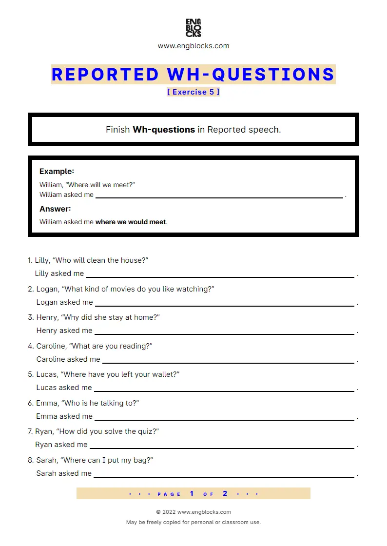 Grammar Worksheet: Reported Wh-questions — Exercise 5